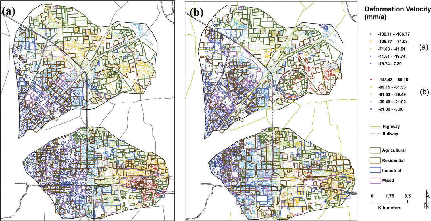 Land subsidence rates from 2005 to 2013 in the study area.