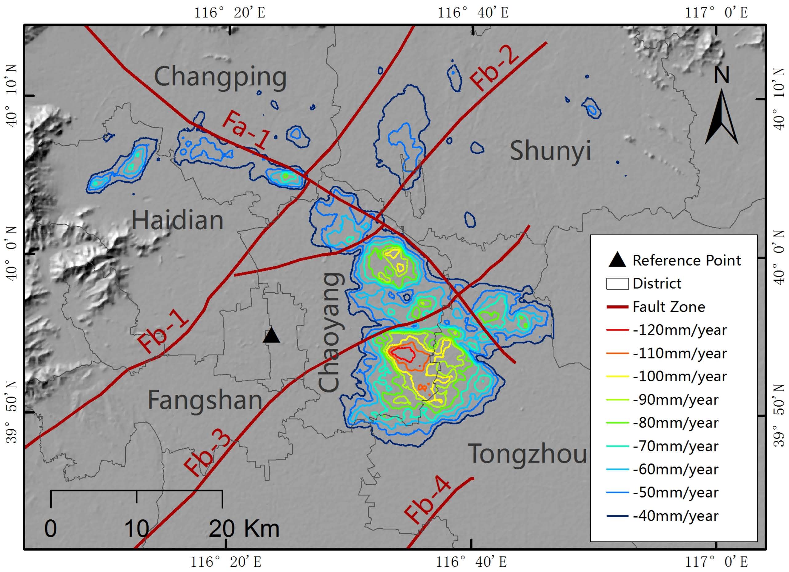 The distribution of different deformation rate contour lines from -40 to -120 mm/yearduring the period from 2003 to 2015.