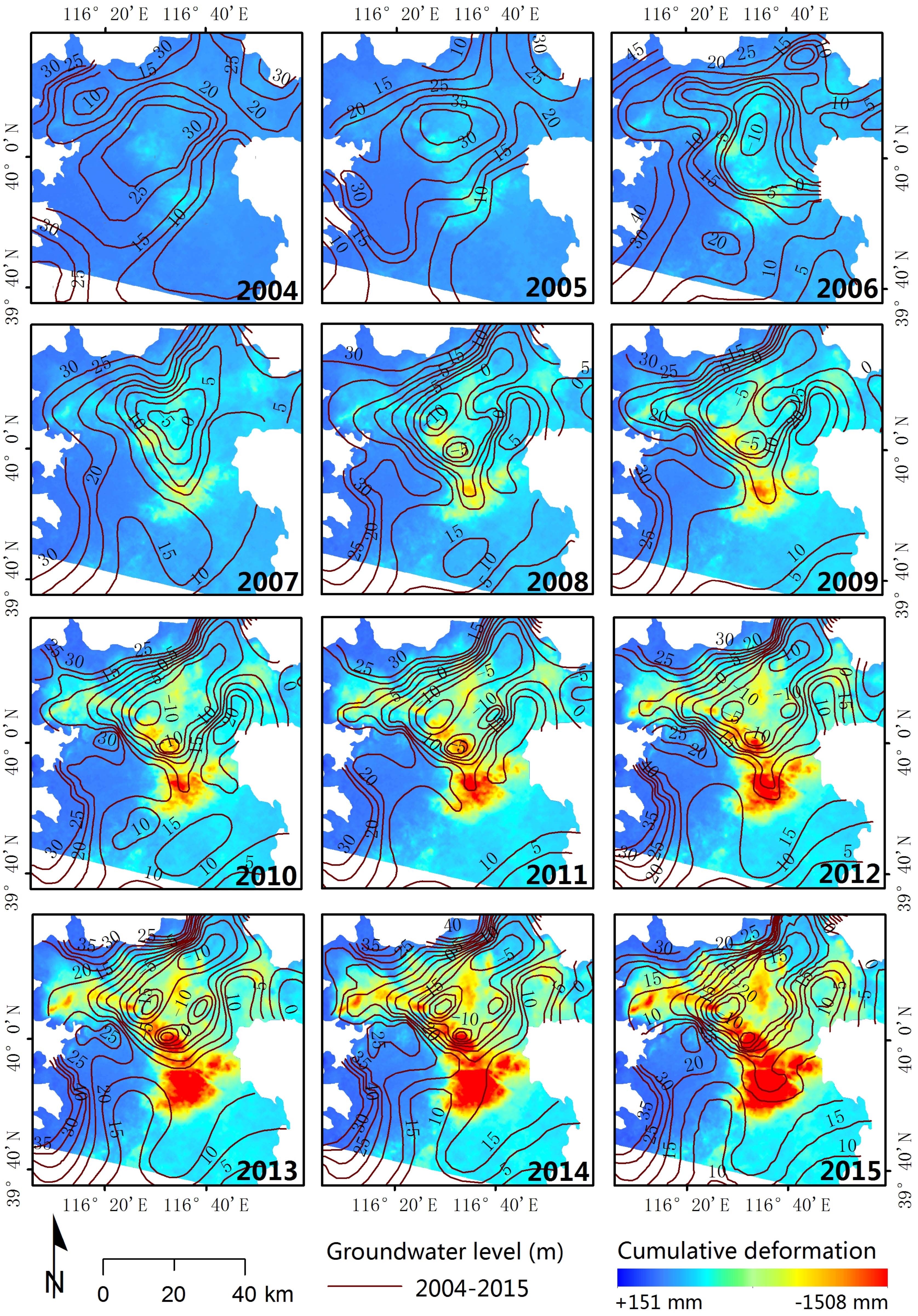 Relationship between the variation of hydraulic head and displacement. All of the cumulativedeformationmaps are relative to the first image in 2003.